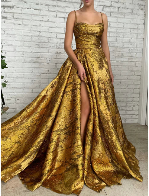 Luolandi A-Line Evening Gown High Split Dress Formal Christmas Court Train Sleeveless Spaghetti Strap Sequined with Glitter